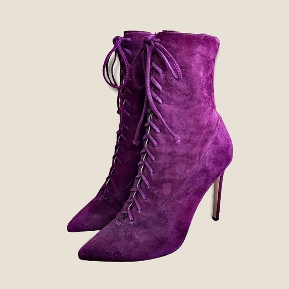 $349 Vero Cuoio Plum/Burgundy Genuine Leather/Suede LaceUp Stiletto Ankle Bootie - Picture 10 of 11